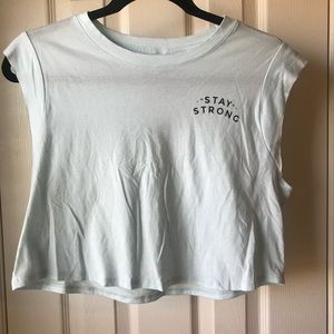 Stay Strong light blue muscle crop tank, medium
